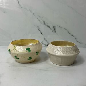 VINTAGE BELLEEK Porcelain Sugar Bowls Shamrock and Basketweave